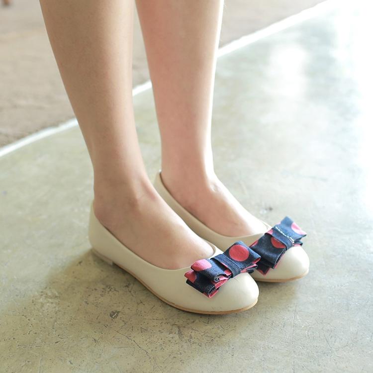 Single shoes round toe bow flat dot flat heel shallow mouth shoes low top u s