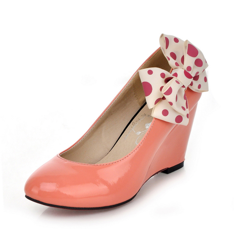2013 women s spring and summer shoes female high heels round toe bow dot wedges two