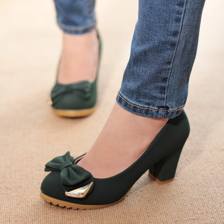 Autumn shoes female 2013 single shoes bow cattle pakistan leather high heeled thick heel small leather