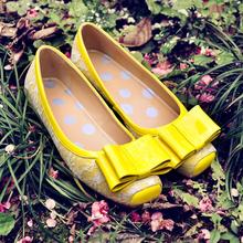 Sweet princess lace genuine leather patent leather bow dot fashion gauze square toe women’s low-heeled shoes
