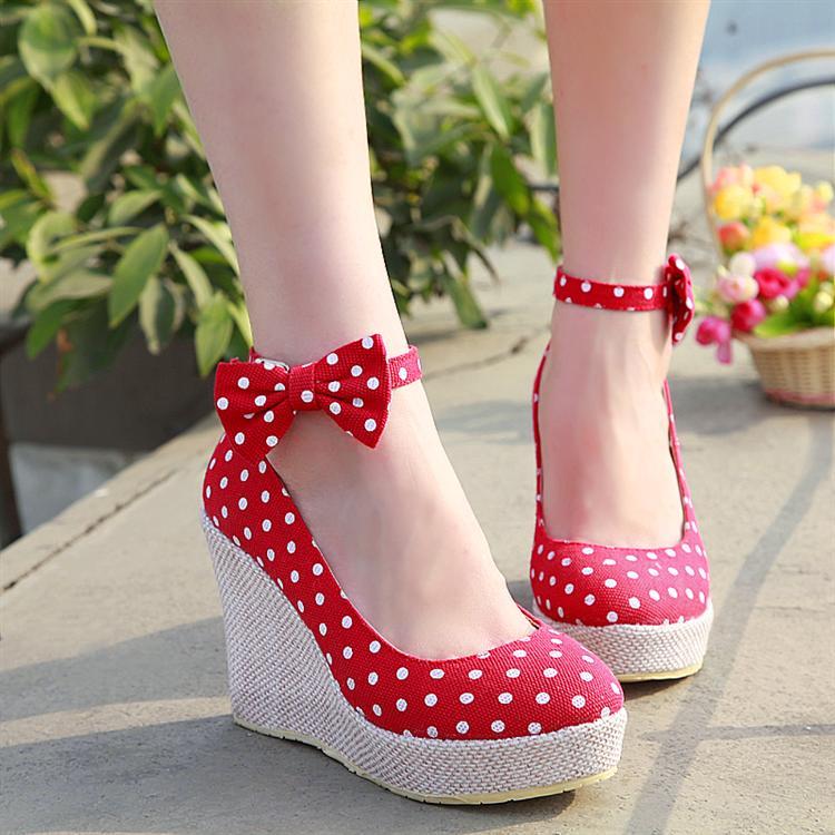 Gentlewomen dot bow canvas platform high platform wedges single shoes spring and autumn 34 39 women