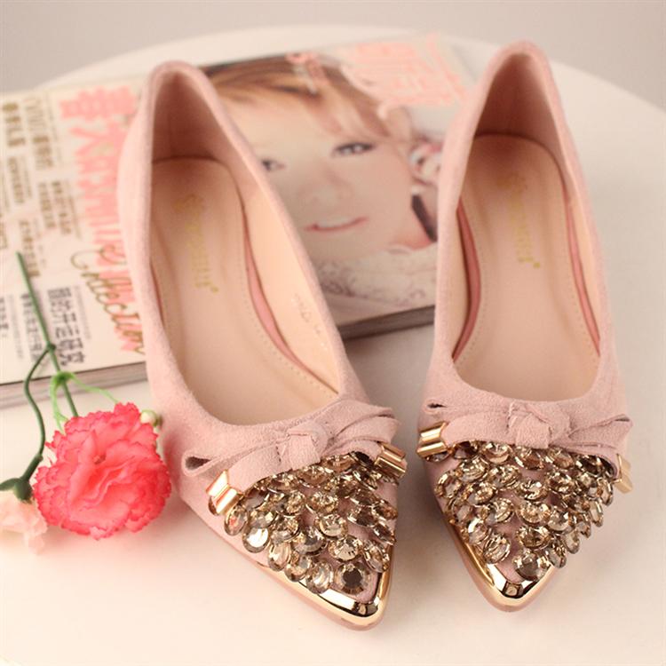 Women s shoes spring 2014 rhinestone bow shallow mouth shoes genuine leather pointed toe gommini loafers
