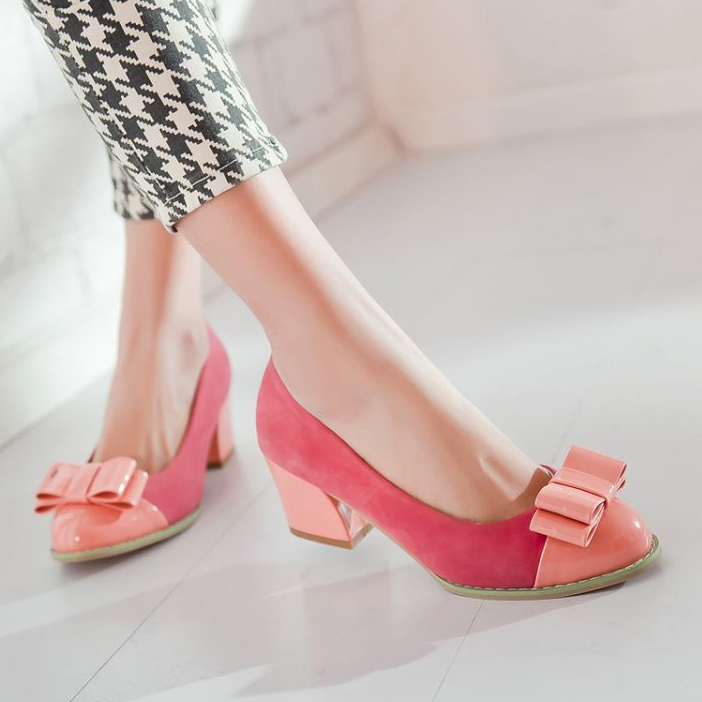 Spring high heeled shoes thick heels bow color block gentle princess elegant single