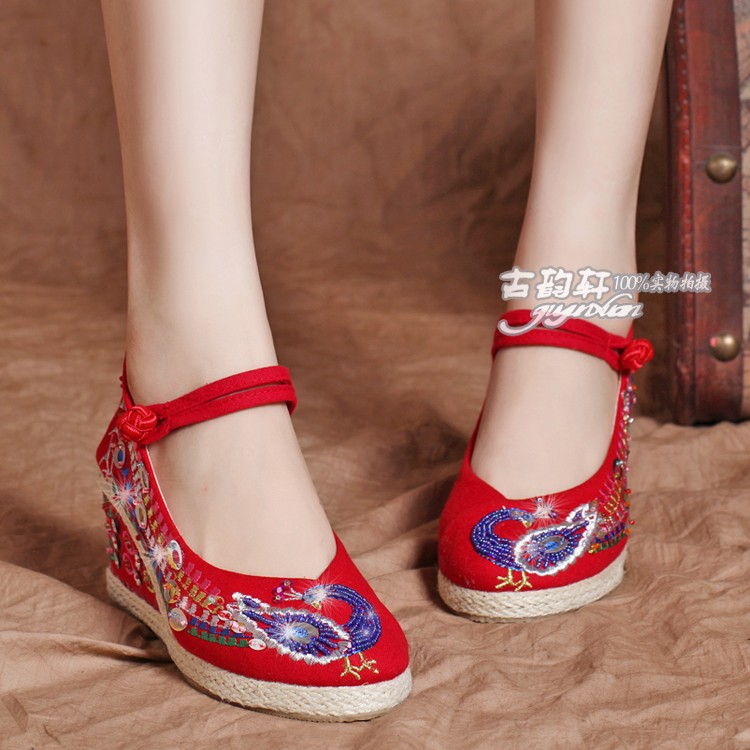 Cotton made beijing shoes spring and autumn embroidered national trend shoes high heeled shoes red wedding
