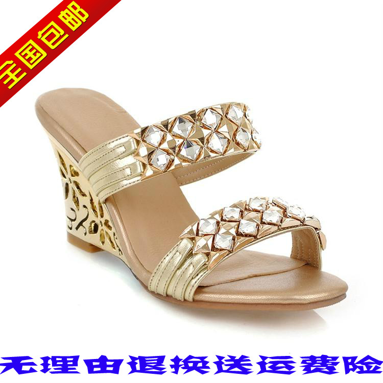 2014 women s slippers summer shoes sandals fashion rhinestone cutout wedges genuine leather slippers open toe