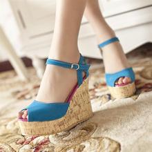 2014 open toe wedges sandals female shoes color block decoration platform shoes ultra high heels casual shoes