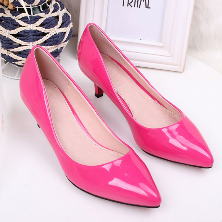 2014 spring shoes pointed toe brief shallow mouth shoes thin heels japanned leather office shoes rose