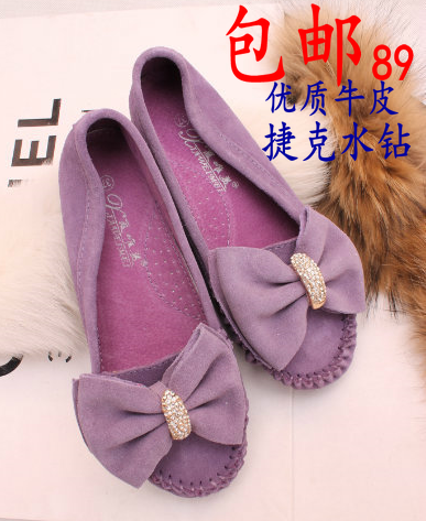 Bow rhinestone flat single shoes round toe nubuck cowhide shallow mouth shoes driving shoes women s