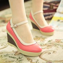 Spring shoes sweet color block decoration ultra high platform wedges button gentlewomen boots high-heeled shoes student