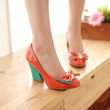 Thick heel bow sweet japanned leather shoes candy color high-heeled shoes wedges women’s orange