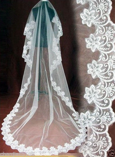 CATHEDRAL WEDDING VEIL WHITE OR IVORY LACE EDGE OVER 3m LONG HOT SALE