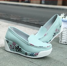 New 2014 spring women’s white/yellow/orange/blue print genuine leather platform pumps, women’s casual wedges shoes