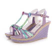 Female sandals bohemia open toe color block decoration wedges platform genuine leather belt hasp sweet platform shoes