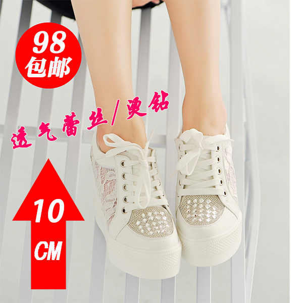 Spring and summer 10cm women s invisible elevator shoes lace gauze breathable platform shoes rhinestone shoes