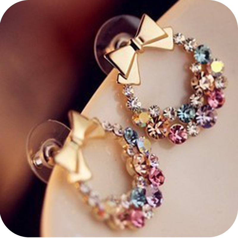 global Free shipping EH01 fashion exquisite sparkling crystal bowknot multi colored colorful bow stud earrings 4g