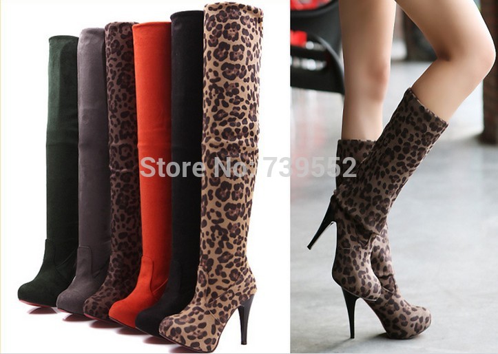 2014 Women s Retro boots stylish simplicity solid stretch velvet leopard boots knee high with high