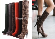 2014 Women’s Retro boots, stylish simplicity solid stretch velvet leopard boots knee high with high quality  Size :34-39