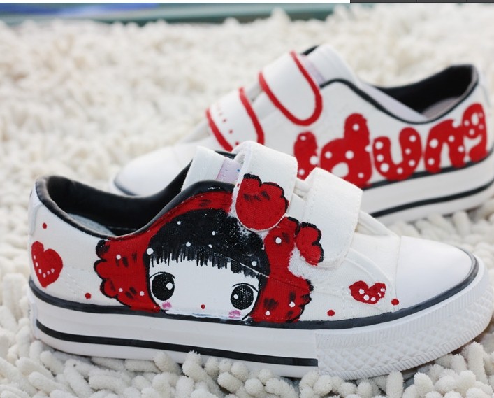 New 2014 Girl Bow Pattern Hand painted Canvas Shoes for Women Sneakers Flats Low Buckle Strap