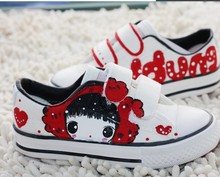New 2014 Girl Bow Pattern Hand painted Canvas Shoes for Women Sneakers Flats Low Buckle Strap