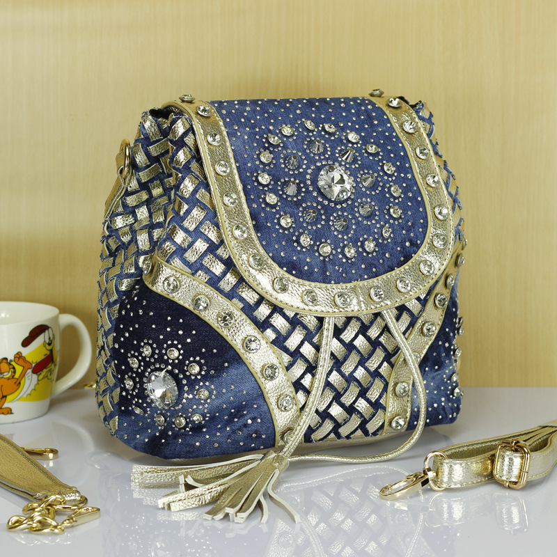 2014 double shoulder denim knitted rhinestone bags big portable one shoulder cross body women s handbag