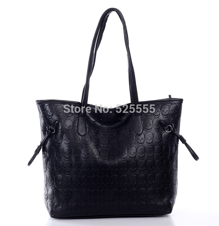 Fashion PU leather women big size messenger bag 2014 cool black skull women handbag large size