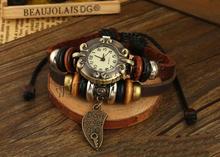 Free shipping!!!Fashion Watch Bracelet,african style jewelry, Cowhide, with zinc alloy dial & Wax Cord & Wood, plated, 2-strand
