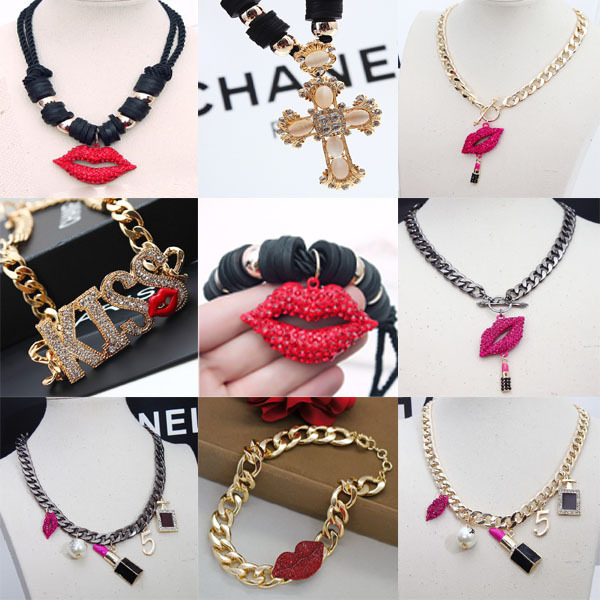 Free Shipping 2014 New 8 Styles Fashion Jewelry Elegant Big Cross Red Lips KISS Choker Necklaces