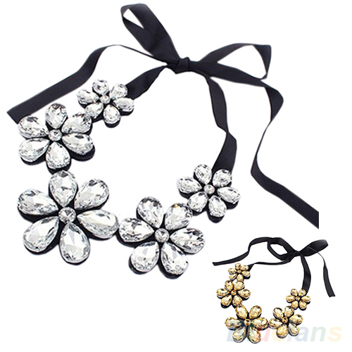 New Fashion exquisite Flower Ribbon Gem Petals charming Bib collar Necklace jewelry items 096D