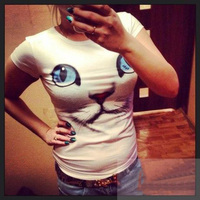 New arrival 2014 summer fashion women cat face cute print short sleeve T-shirt s m l xyz brand Elina\'s shop
