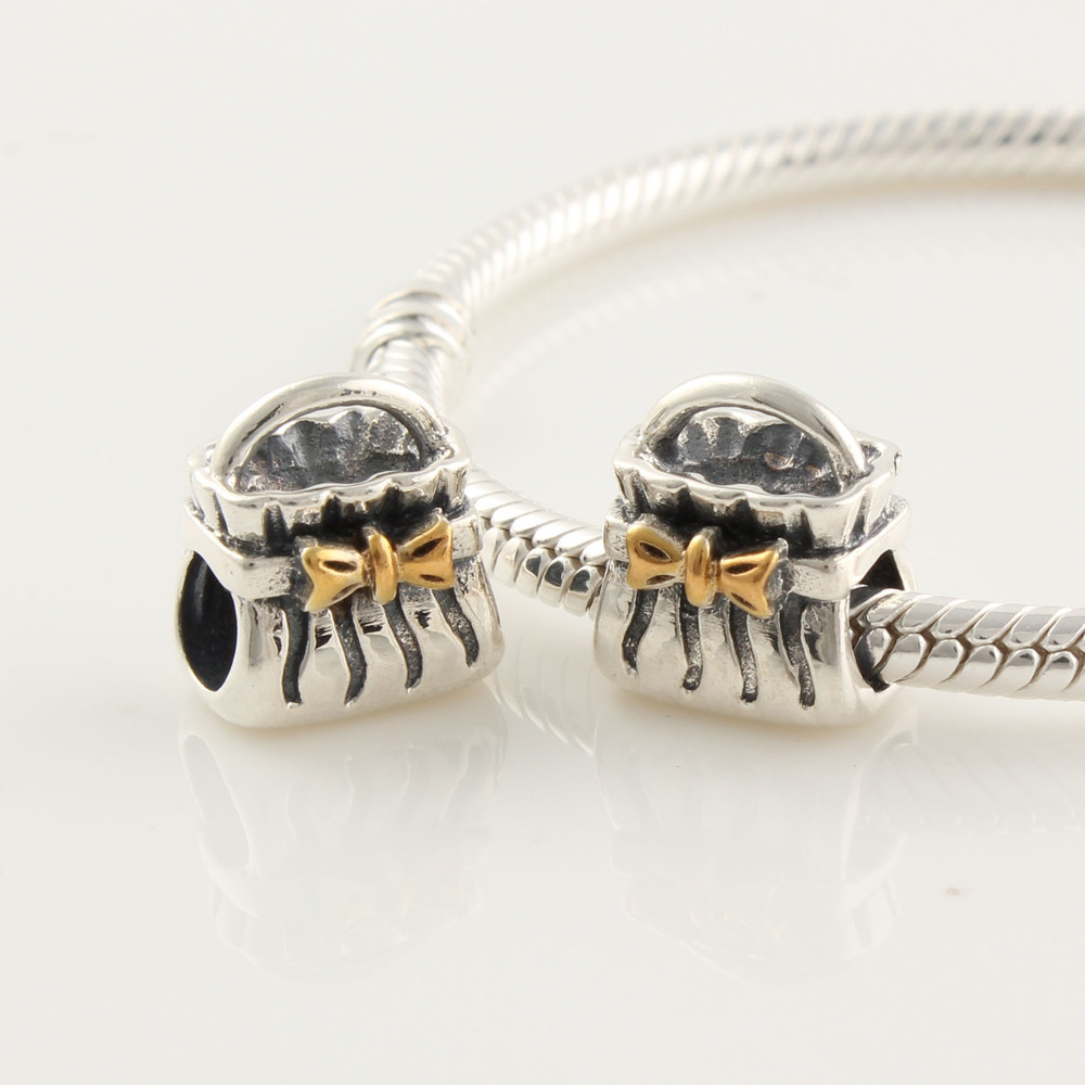 L039 Genuine 925 Pure Silver Original Screw Thread Bead Gold Bow Handbag Charms fit pandora Bracelet