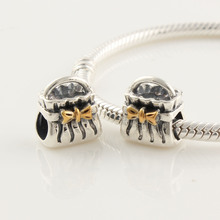 LW039 Genuine 925 Pure Silver Original Screw Thread Bead Gold Bow Handbag Charms fit pandora Bracelet Snake Chain hot Selling