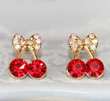 Promotion Korean Exquisite Sweet Girls Fashion Brincos 18KG Plated Cystal Cherry Bowknot 18KGP Accessories Stud Earrings