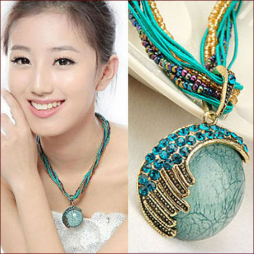5 Colors Free Shipping New 2014 Vintage Bohemia Opal Colored Bead Chain Necklace Fashion Jewlery Item