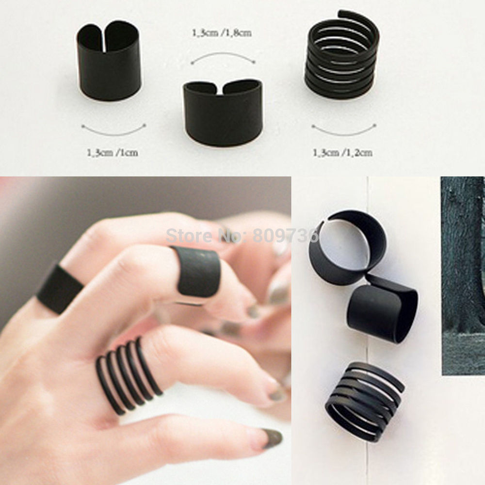 New Hot 3Pcs set Punk Stack Plain Black Polish Above Knuckle Open Ring Band Midi Rings