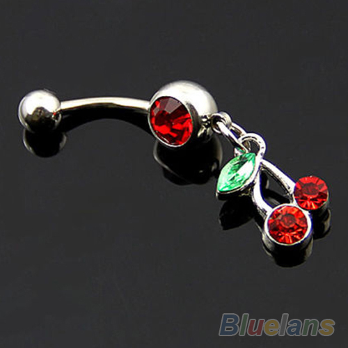 Red Cherry Dangle Rhinestone 316L Steel Navel Belly Ring Body Piercing Jewelry 1H2G