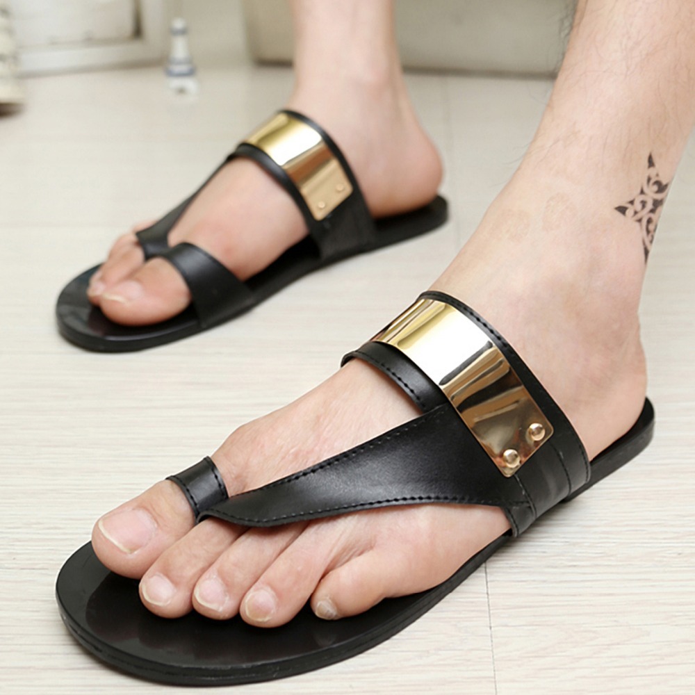 Golden Metal Plate Gladiator Flip Flops Men Stylish Rome Sandals Shoes ...