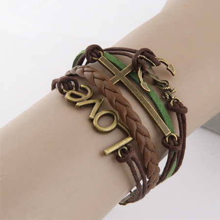 2015 New Fine Men Jewelry Retro PU Leather bracelets bangles Anchor LOVE Charming bracelet for women