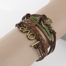 2014 New  men Jewelry Retro Leather bracelets & bangles Anchor LOVE & Cross Charming bracelet for women men Jewelry Pulsera