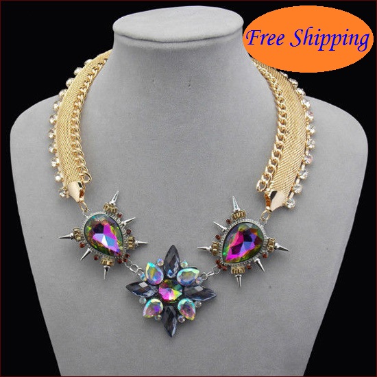 Fine Jewlery New 2014 Drill Rivets Crystal Brand Necklace Gold Chunky Chain Statement Jewelery Women Banquet