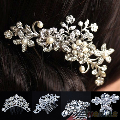 Bridal Wedding Flower Crystal Rhinestones Pearls Women Hair Clip Comb Diamante 012L