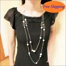 New 2014 Luxury Pearl Charm Necklace Long Sweater Chain Jewelery Office Lady Accessories Pearl Jewlery Wholesale And Retail N139