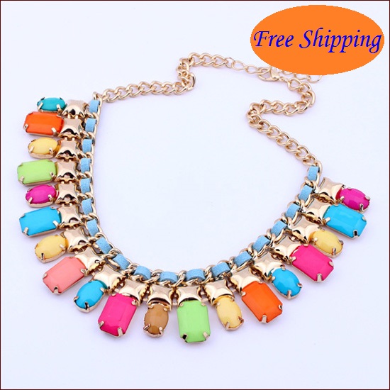 7 Colors New 2014 Fine Jewlery Vintage Fluorescent Colored Punk Wind Charm Necklace Acrylic Alloy Jewelery