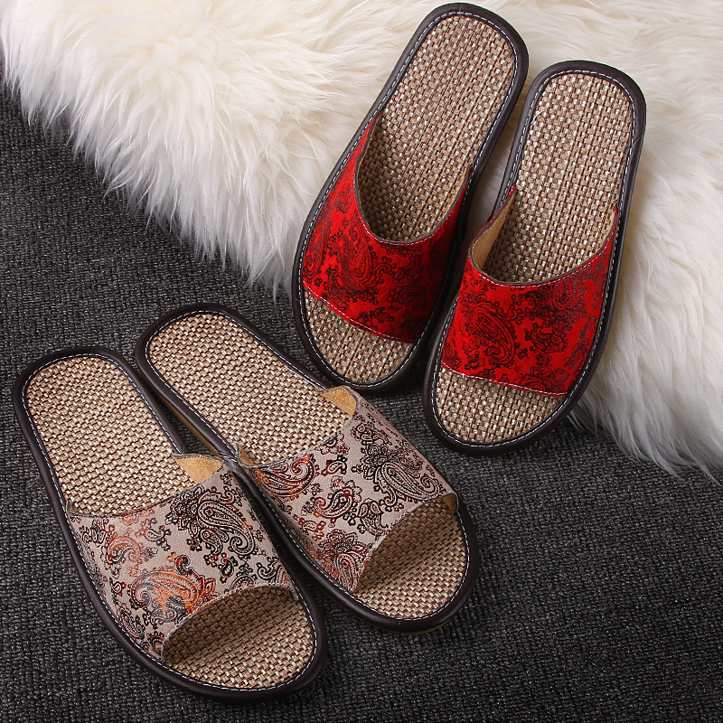 Classical Printing Leather Linen Lining Couple s Summer Indoor Slipper Comfortable Anti Slip at Home Shoes