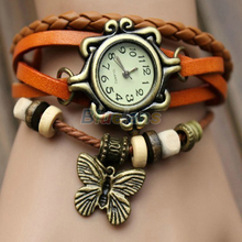 Butterfly Leaf Fashion leather Bracelet Water Quartz Hand Clock Women Wrist Watch Wristwatch Free Shipping 1ID5