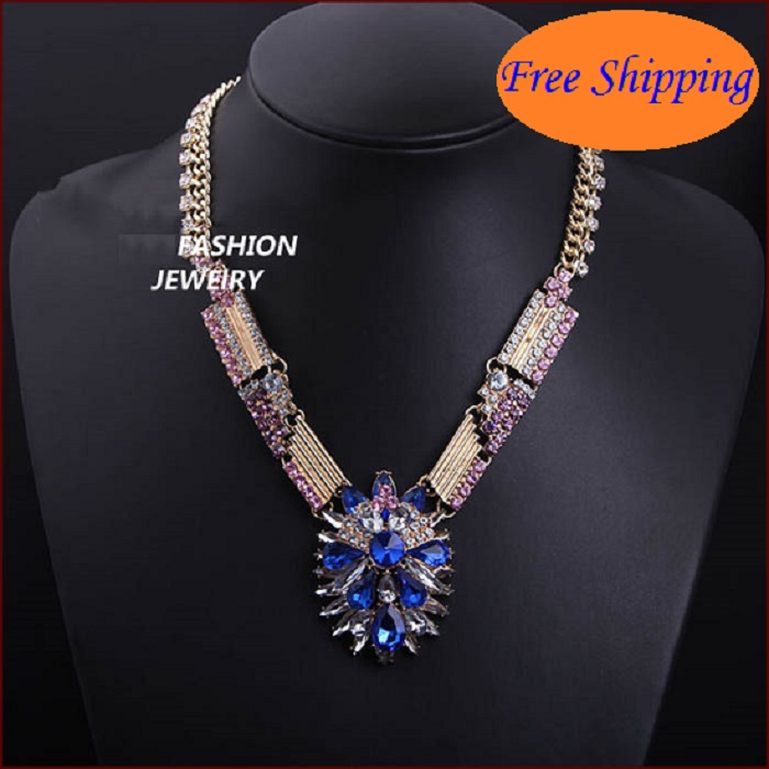 New 2014 Fashion Fine Jewlery Big Crystal Blue Gems Drill Chunky Chain Necklaces Pendants Women Jewelry
