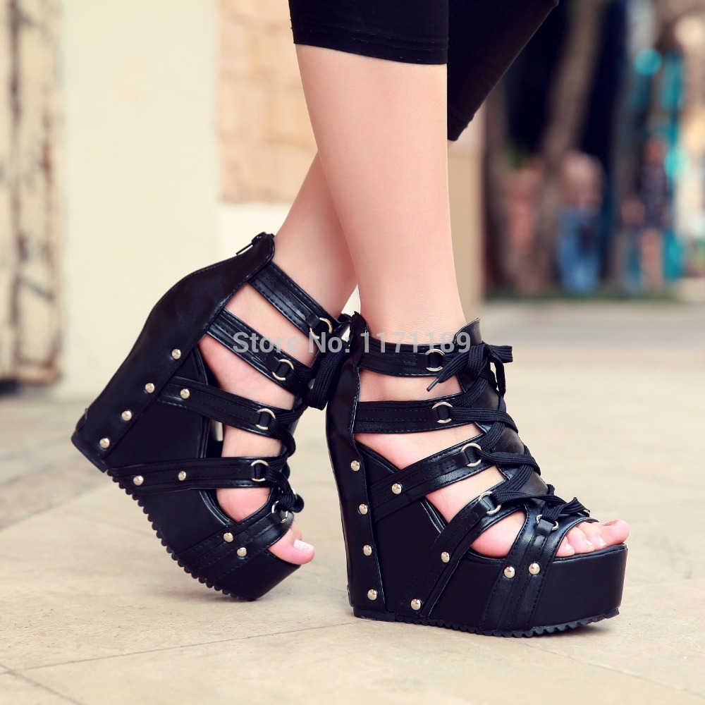 Women s High Heels Rivets Lace Up Platform Wedge Sandals Sexy Strappy Punk Party Pumps Open