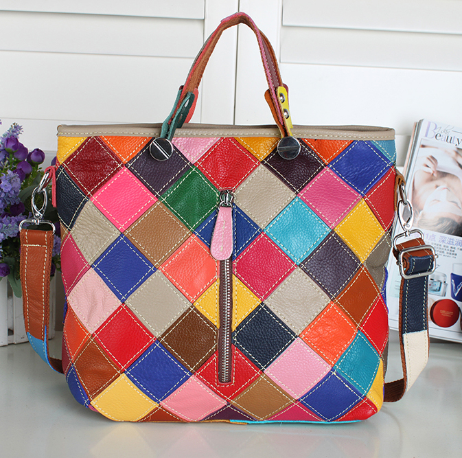 High quality genuine leather fashion patchwork women handbags pop cowhide colorful bags shoulder bag 8707