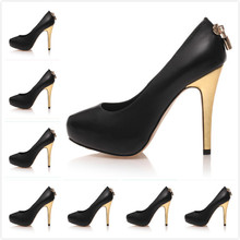 2014 Women s New Style Black Genuine Leather With Gold Lock 12cm High Heel Pumps Ladies