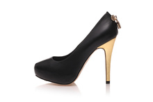2014 Women s New Style Black Genuine Leather With Gold Lock 12cm High Heel Pumps Ladies