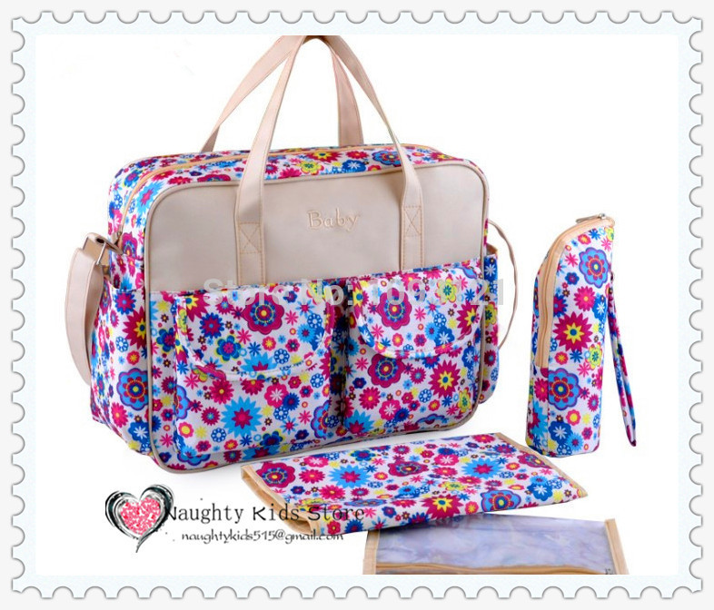 Free shipping 2014 fashionable multifunction diaper changing mommy bag with beautiful flower printed can be hanged on stroller